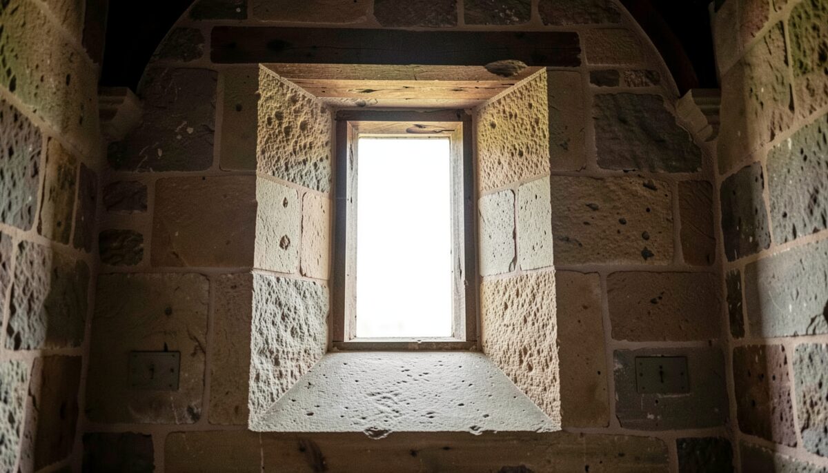 The deep splay of a keep window, seen from inside, where a narrow exterior slit opens into a wider internal opening. Illustrative image, generated with AI.