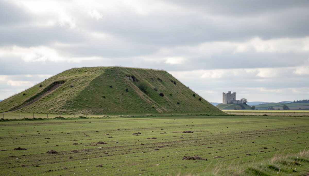 The motte and bailey earthworks at Castle Hedingham, with the Norman keep beyond. Illustrative image, generated with AI.