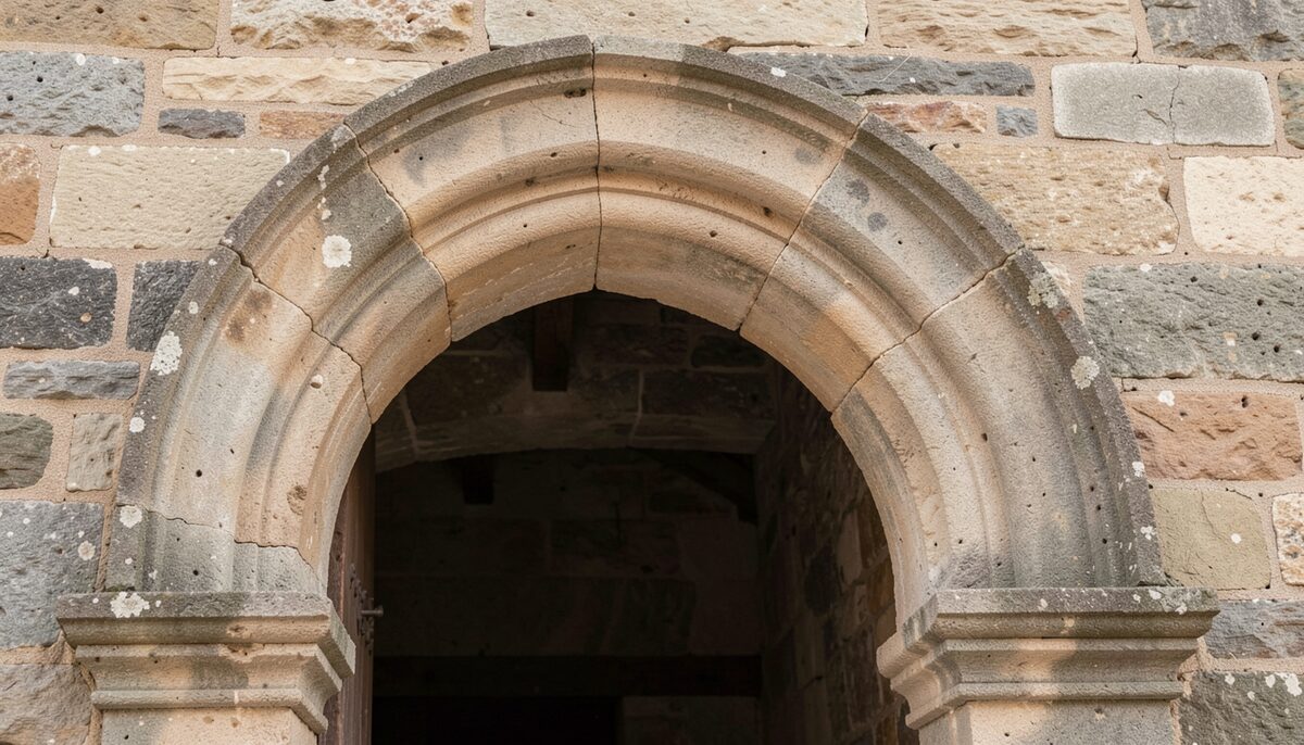 A rounded stone opening with two visible bands and a small impost ledge. Illustrative image, generated with AI.