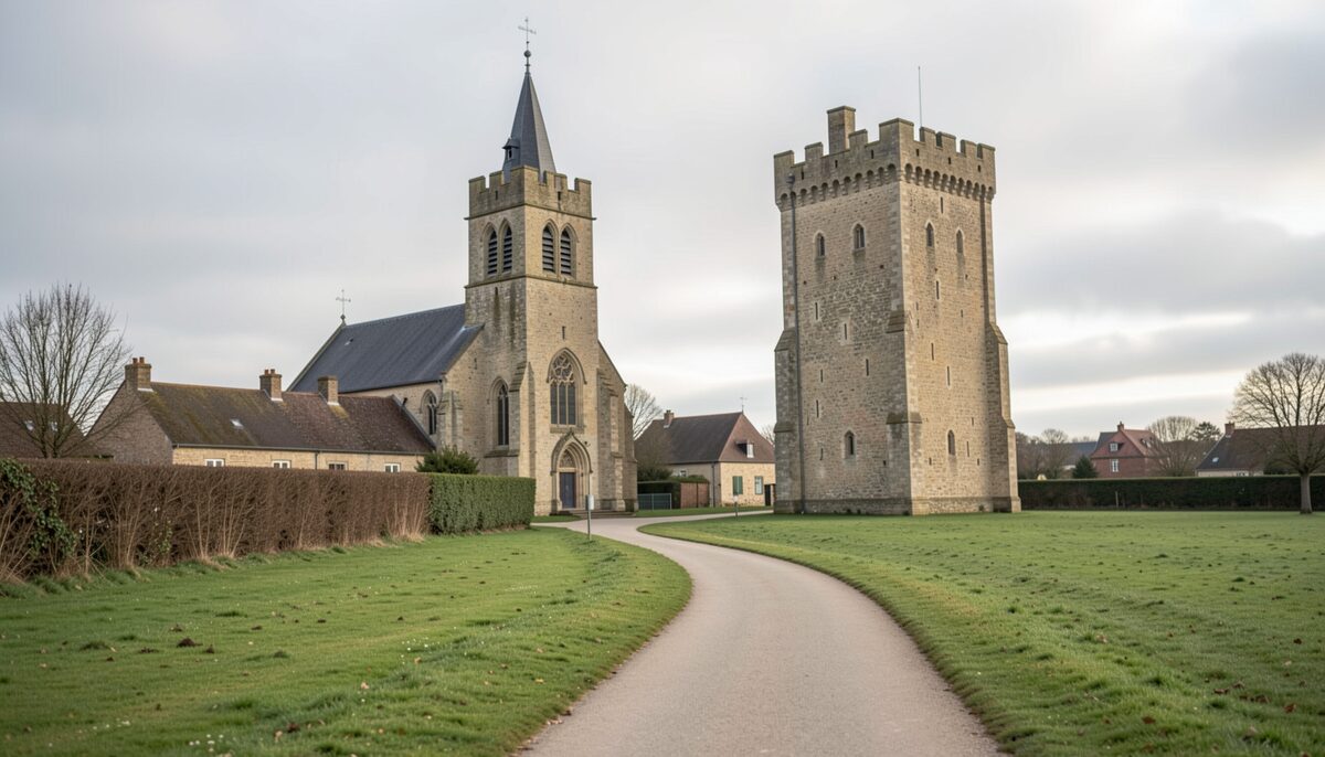 The church tower and the keep share the same skyline from across the village green. Illustrative image, generated with AI.